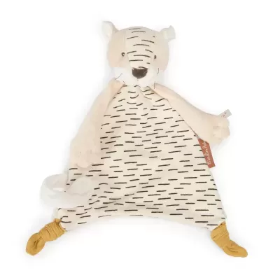 Peluche manta com cabeça de tigre e padrão riscas pretas com etiquetas
