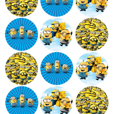 Vários círculos com imagens dos Minions em fundos azul e com céu e nuvens.