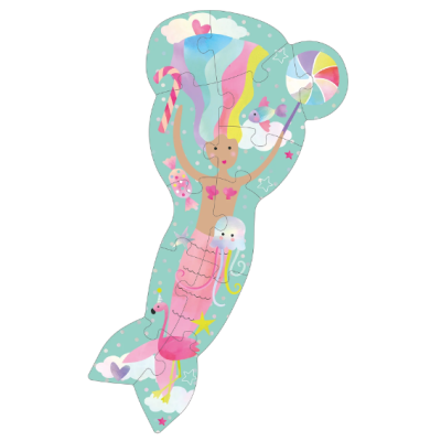 Puzzle em forma de sereia colorida com objetos e fundo azul claro