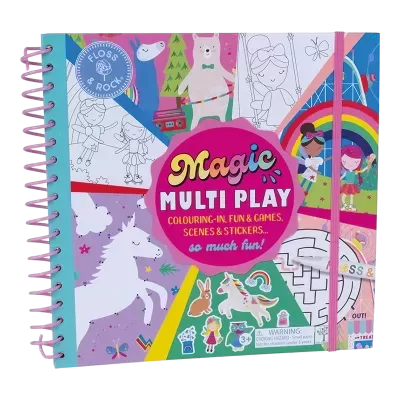 Livro infantil Magic Multi Play para colorir com capa colorida, personagens e fecho elástico cor-de-rosa
