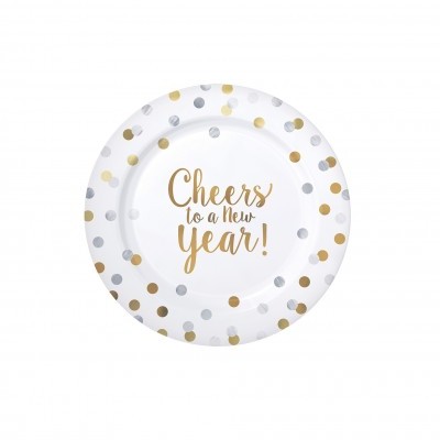 Prato branco com pontos dourados e prateados e texto 'Cheers to a New Year!'