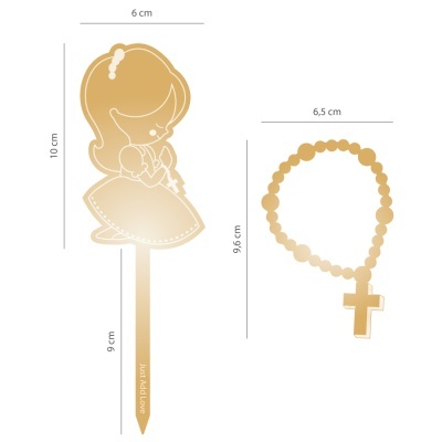 Topo de bolo em metal dourado com figura de menina a rezar e terço, com medidas anotadas