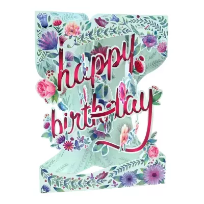 Cartão 3D de feliz aniversário com flores e texto colorido