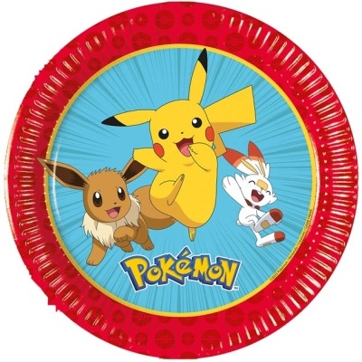 Prato de papel com personagens Pokémon Pikachu, Eevee e Scorbunny e texto Pokémon.
