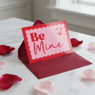 Cartão vermelho e rosa com texto Be Mine em envelope vermelho escuro sobre superfície branca com pétalas de rosa.