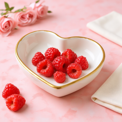 Taça coração branca com borda dourada e framboesas sobre superfície rosa.