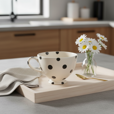 Boleira creme com bolinhas pretas numa bandeja de madeira com flores e colher