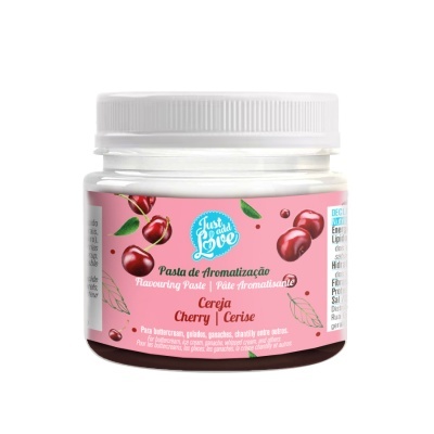 Frasco de pasta aromatizante de cereja com rótulo rosa e tampa branca