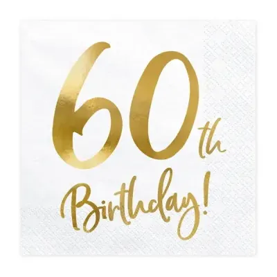 Guardanapo branco com texto dourado 60th Birthday! em relevo