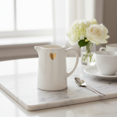 Jarro branco com coração dourado sobre superfície de mármore, colher metálica e flores brancas ao fundo