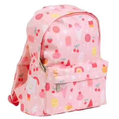 Mochila infantil rosa com padrão colorido de gelados e frutas