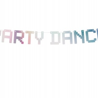 Guirlanda decorativa 'PARTY DANCE' em cores pastel pendurada.