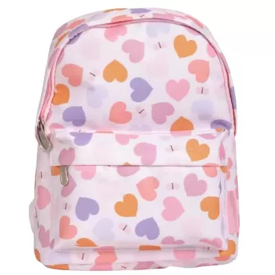Mochila com padrão de corações coloridos e bolso frontal
