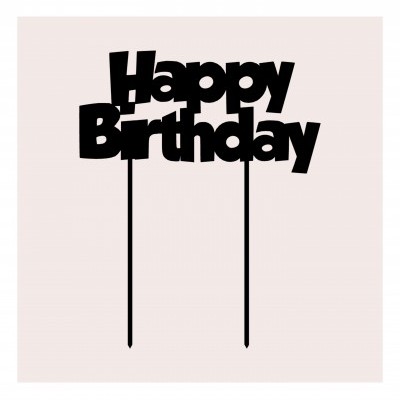 Topo de bolo preto com texto 'Happy Birthday' em plástico.