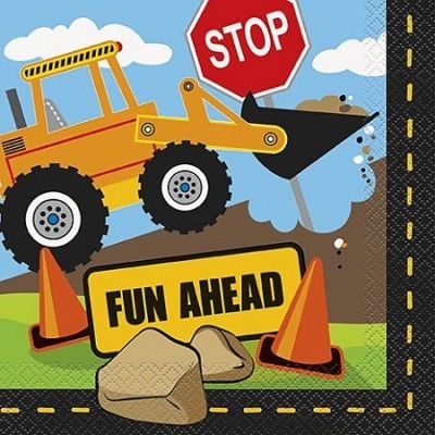 Ilustração da escavadora amarela com sinais STOP e FUN AHEAD