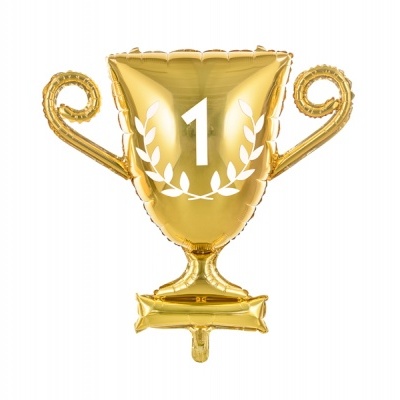Balão dourado metálico em forma de troféu com alças e número 1