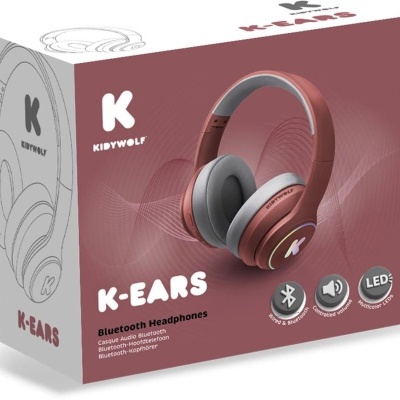 Caixa de auscultadores Bluetooth K-ears da marca Kidywolf com auscultadores rosa e cinza