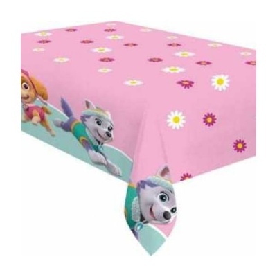 Toalha de mesa cor-de-rosa com flores e personagens de cães