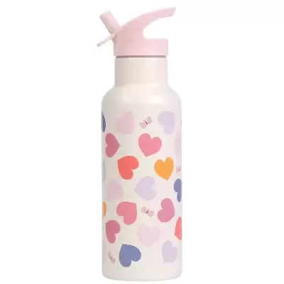 Garrafa isotérmica branca com padrão colorido de corações e tampa rosa
