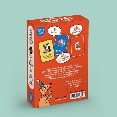 Embalagem traseira de jogo de cartas laranja com ilustrações e texto em português