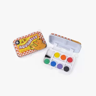 Conjunto de aquarela Moulin Roty com tampa ilustrada e oito tintas coloridas em caixa branca