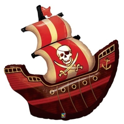 Balão metálico em forma de navio pirata com caveira nas velas