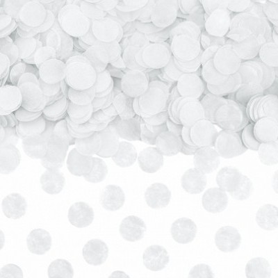 Pequenos discos brancos de papel espalhados sobre superfície branca