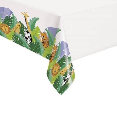 Toalha de mesa branca com bordas estampadas com animais da selva e folhas coloridas