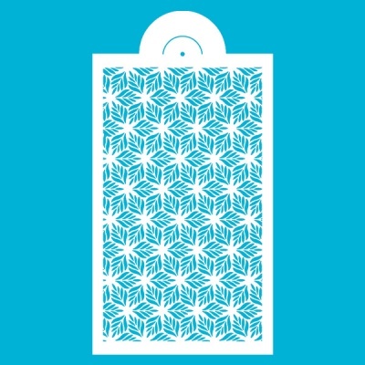 Cartão branco recortado com padrão azul de folhas sobre fundo azul