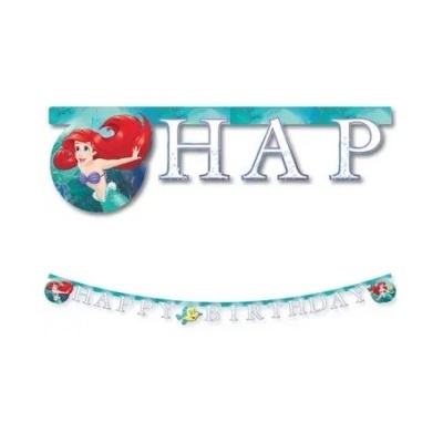 Faixa decorativa da pequena sereia com letras azuis e imagens dos personagens