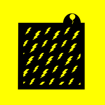 Quadrado preto com raios amarelos e círculo com balão amarelo em fundo amarelo