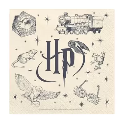 Guardanapo branco com ilustrações a preto do universo Harry Potter