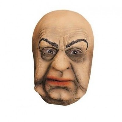 Máscara de rosto de velha enrugada com sobrancelhas pretas e lábios vermelhos