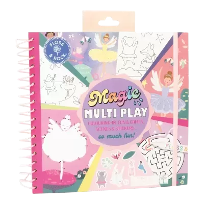 Livro de atividades infantil Magic Multi Play com capa colorida e espiral rosa