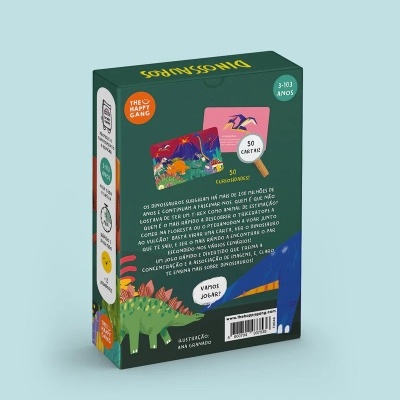 Caixa de jogo de cartas com tema de dinossauros, verde com ilustrações coloridas e texto em português.