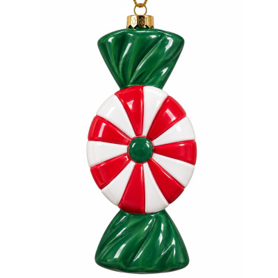 Enfeite de Natal em vidro formato doce embrulhado verde vermelho branco
