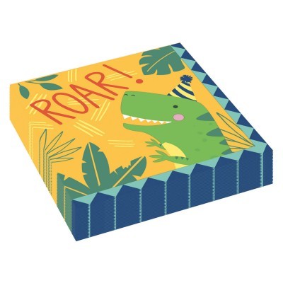 Caixa decorada com dinossauro verde e texto ROAR!