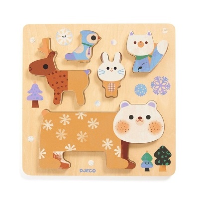 Puzzle de madeira infantil com peças de animais e desenhos de inverno