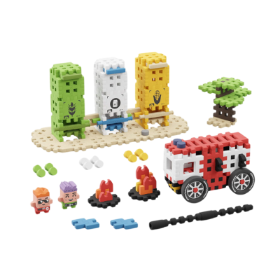 Brinquedos de blocos coloridos estilo pixel com figuras, silos, fogueiras, carrinha e árvore