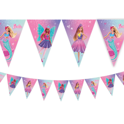 Faixa de bandeiras triangulares rosa e roxas com figuras Barbie sereia, fada e princesa