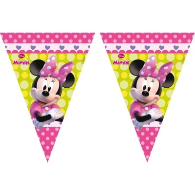 Bandeirolas triangulares com a personagem Minnie Mouse e fundo amarelo e rosa com bolinhas e corações
