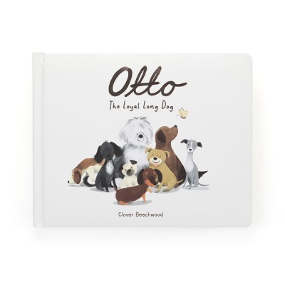 Livro infantil branco com ilustração de cachorros e texto em inglês