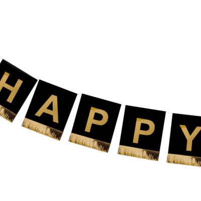 Decoração de festa com letras HAPPY em tecido preto e dourado