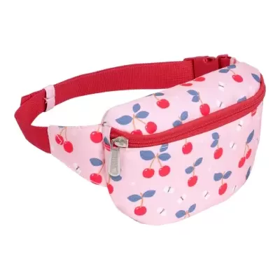 Bolsa de cintura rosa com padrão de cerejas e fecho vermelho