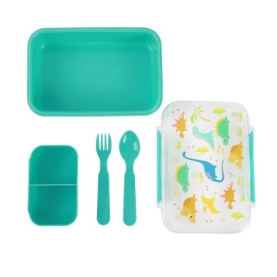 Conjunto de almoço infantil com dinossauros e talheres azuis