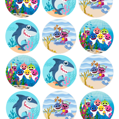 Círculos ilustrados com personagens de tubarão e fundo marinho colorido