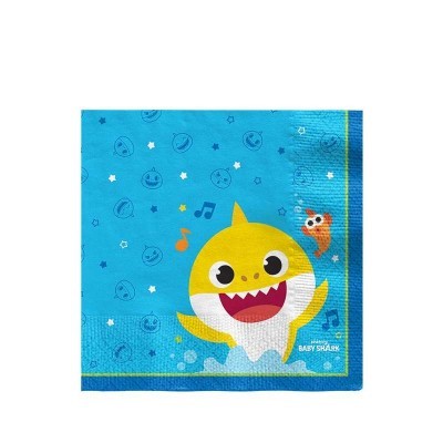 Guardanapo de papel azul com desenho de tubarão Baby Shark amarelo e peixe laranja
