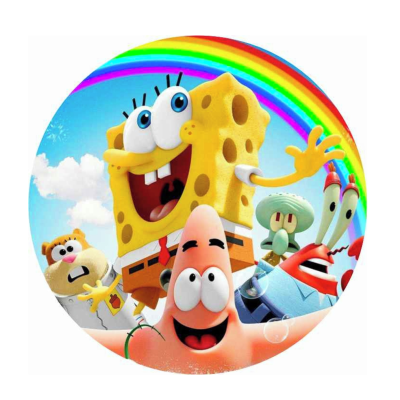 Imagem redonda dos personagens SpongeBob com arco-íris ao fundo