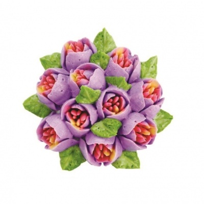 Bouquet decorativo de flores em tons lilás, rosa e amarelo com folhas verdes