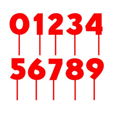 Velas vermelhas em formato de números de 0 a 9 com suportes finos